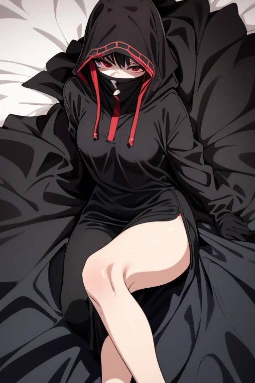 NNAssassinFSF, 1girl, solo, median breasts, black hair, red eyes, long sleeves, dress, hood, long skirt, black dress, cape, black cloak, hood up, black robe, covered mouth, hooded cloak, ((masterpiece,best quality)) bedroom , day, laying down. White gloves 