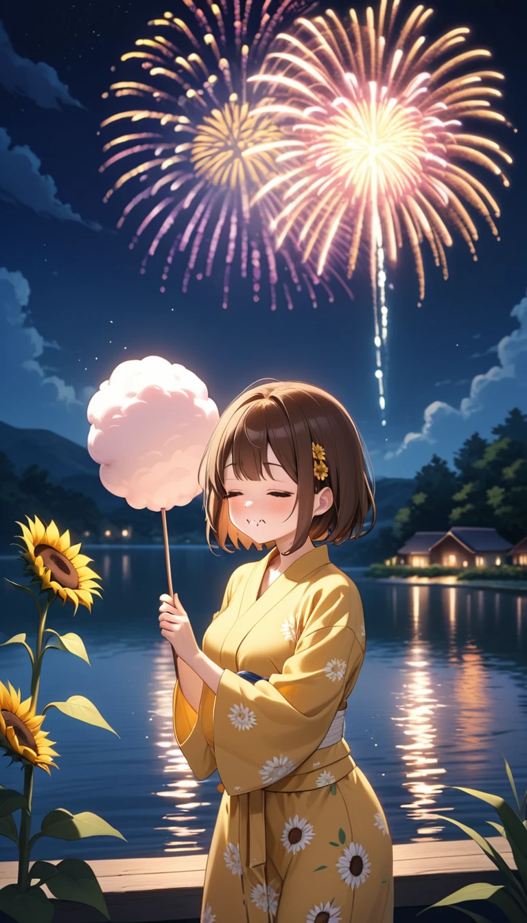 standing in front of a lake with fireworks, Brown bob hair、A cute character wearing a yellow yukata。She has a sunflower in her hair、Blushing cheeks and closed eyes。The character is holding a large piece of cotton candy。Light up your face in a dimly lit atmosphere。Emotional atmosphere。