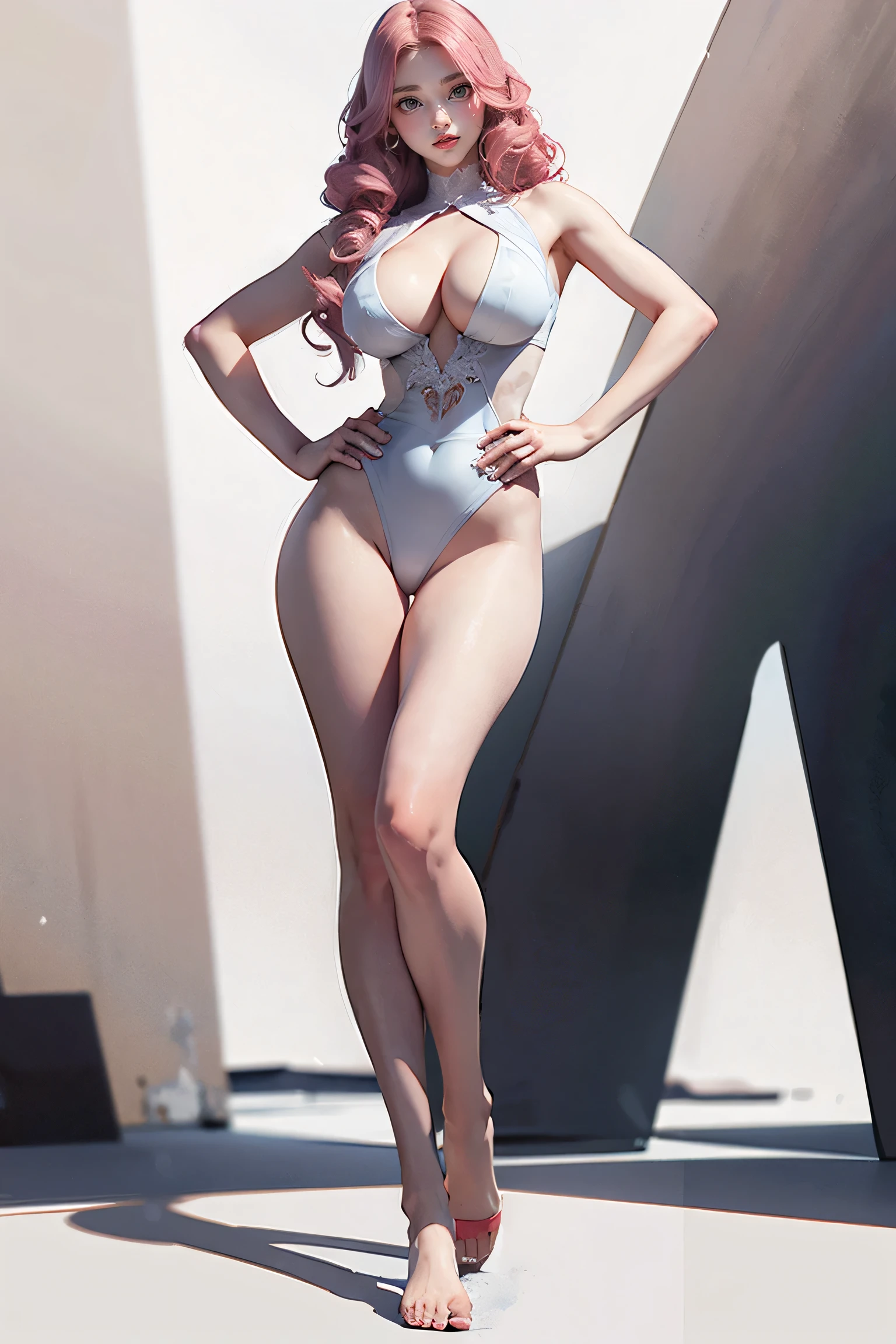 Masters of Animation, A perfect masterpiece, On a snow-white background、Cool outfits, Sexy and modern clothing、Sexy mature modern woman standing, Flowing pink hair, Spanish Curly Hair, Full Body Stand Posture, Thin legs, ((Large Breasts)), Detailed facial details, Natural and beautiful standing posture, Crisp and realistic body detail,(NSFW:0.9)