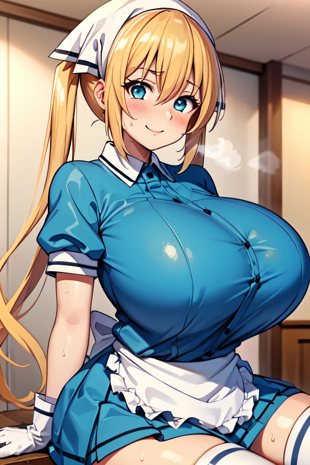 (masterpiece, best quality:1.2), cowboy shot, 独奏, 1girl, hinata kaho, smile, looking at viewer, sitting, twintails, head scarf, waitress, frills, blue shirt, waist apron, puffy short sleeves, blue skirt, thighhighs, white gloves,(huge breasts:1.4),(large round breasts),busty,sporty,athletic body,Toned body,Slender,Slender body,Large breasts,(Poses that accentuate large breasts),Nice body,Stylish,sweat,steam,breath,frustrated,blush,Estrus