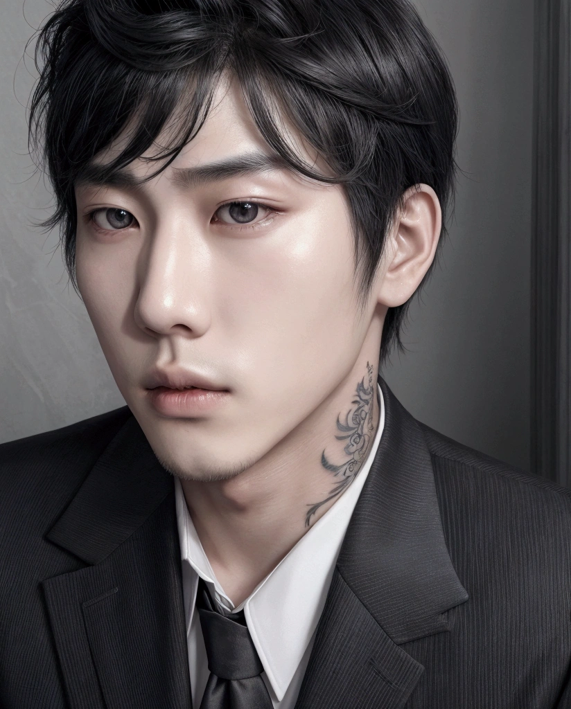 ((High quality)), the best quality, Korean man, 20s, young face, serious expression, Korean male face, slanted eyes, elegant appearance, superiority posture, neck tattoos, Black hair, Messy hair, strands of hair in front of face, hand in hair, blank expression, lots of tattoos, pale skin, wearing a black suit with a black tie. Man of extraordinary beauty, masculine beauty, ((Korean man)), Empty and distant look from the camera, very faithful to the image.