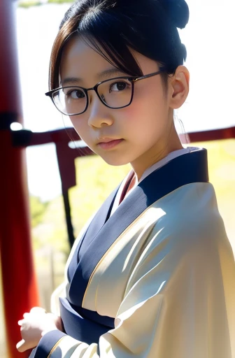 (8k, RAW photo, best quality, masterpiece), (photo realistic), outstanding details, ultra-high resolution, anatomically correct, textured skin, (Extremely precise and accurate anatomy),
Ultra Detailed Face, Detailed Eyes,
A cute 35 year old Japanese girl,
(( Medium shot:1.4)), (looking at viewer:1.4),
(faint smile), (Mouth slightly open:0.1),
((low chignon hair:1.4)), (Small nose:1.2) , (small mouth:1.2),
(Ultra Detailed Rimless small glasses:1.2), pupils sparkling, thin lips, thin eyebrows, thin arched eyebrows,
dark brown hair, Forehead,
outdoor,
(furisode kimono),
(standing in front of the torii gate facing forward), simple pose,
(beautiful obi), (first visit to the shrine), (vermilion torii gate) , (Japanese floral pattern: 1.0), (Japanese traditional classical pattern: 1.2), Japanese hairpin,
consecutive torii gates, shrine with many torii gates,
(background A simple and wide white room),
morning sun, (backlighting),
reflection light from below,
atmospheric perspective, depth of field,
(dramatic lighting), cinematic lighting,