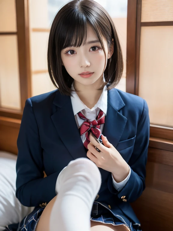 (8k, RAW Photos, Highest quality, masterpiece:1.2), masterpiece, super detailed, super high quality, (Realistic and photorealistic photography:1. 37), High-resolution RAW color photos, Very delicate and beautiful, highly detailed, 8k wallpaper, wonderful, detailed, Very eye, very detailed, very detailed skin, very thin fingers, very detailed nose, very detailed mouth, Perfect ???????, break, (2 girls, Japanese girl:1.2), Huge boobs, Short Bob Hair, Black hair color, Huge breasts, Very big round breasts, Beautiful Makeup, Glitter makeup, Big Natural Color Lip, Perfect figure, Crying a little, Beautiful feet, Beautiful feet, Voluptuous thighs, break, Schoolgirl uniform, blazer, Super Short Check Uniform Skirt, Navy blue knee-high socks, break, The background is a room in a luxury hotel