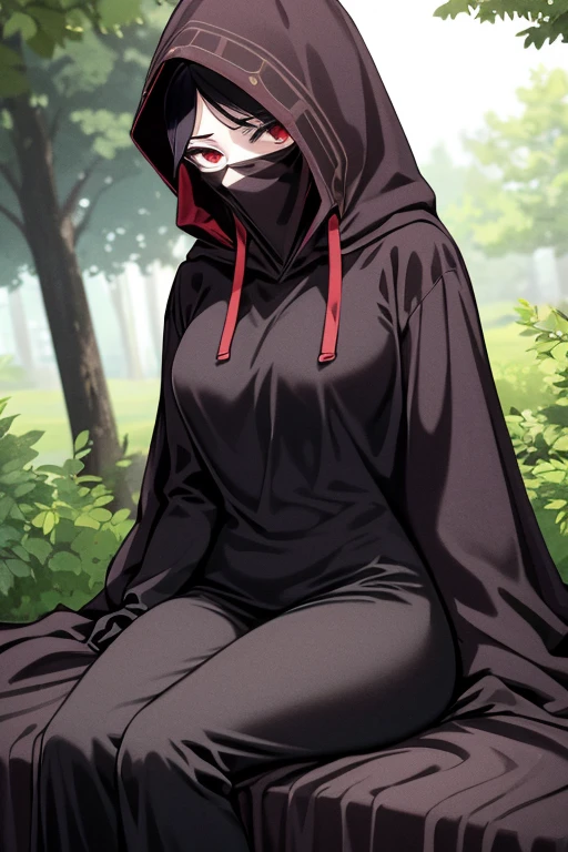 NNAssassinFSF, 1girl, solo, median breasts, black hair, red eyes, long sleeves, dress, hood, long skirt, black dress, cape, black cloak, hood up, black robe, covered mouth, hooded cloak, ((masterpiece,best quality)) forest, day, sitting . White gloves
