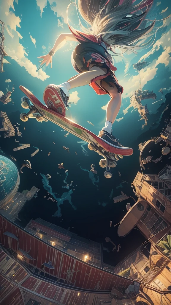 Music album cover design,Design Redondo,Half empty background in the city,2D vector,Concentrate art,floral theme,vivd colour,Girl playing skateboard, dressed in fashion, leaping over the city and looking down,The city is surrounded by rollercoaster tracks,Worm eye perspective,Look from back to front,lighting by Rembradt,Adobe illustration,Trand Art Station,Magnificent art,tmasterpiece,Author Ghibli