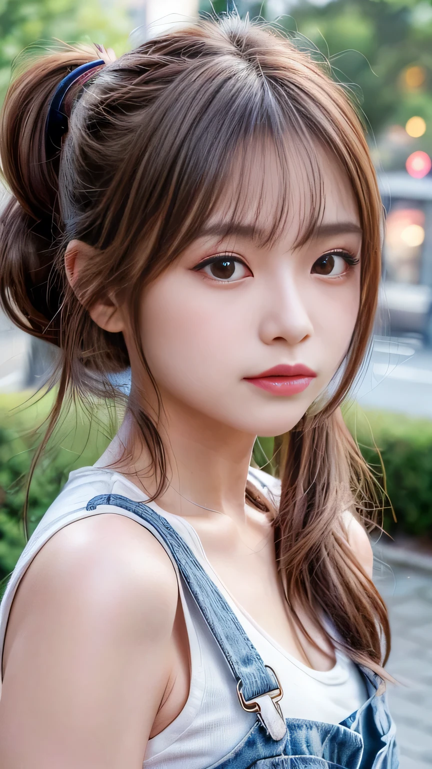 blush,14 years old,Small breasts,Long hair ponytail,European cityscape,Denim overalls,Face close-up,((8k, RAW Photos, Highest quality, The pieces fly:1.2), (reality, Realistic:1.4), (Highly detailed 8K wallpapers), Written boundary depth, Cinema Lighting, Soft Light, Detailed beauty eyes,Shiny and smooth light brown ponytail, Asymmetrical bangs, Glowing Skin, Highly detailed skin ,High resolution, Attention to detail, Detailed hairstyle, Detailed beauty face, Hyper Real, Perfect limbs, Perfect Anatomy ,1 Japanese girl,Famous Japanese Idols, Perfect female body,A shy smile,short eyelashes,double eyelid,Look straight here,Hairstyle: Ponytail,