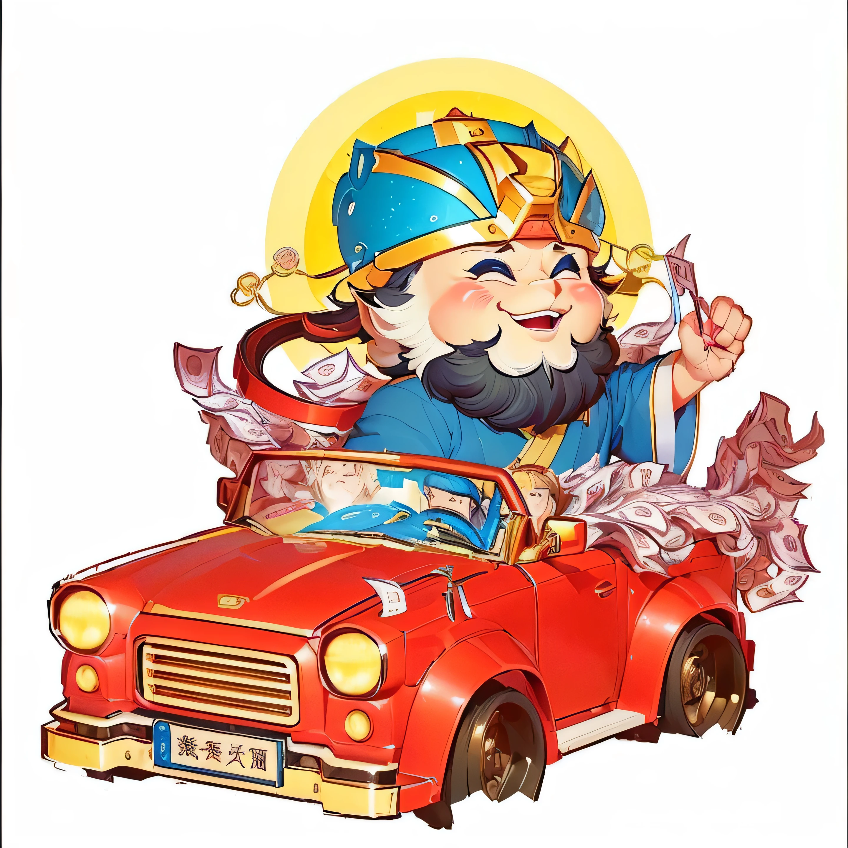Cartoon illustration of a man driving a car with lots of money, God of Wealth, God Emperor, author:Okada Kita San, the God Emperor of mankind, Chiba Yudai, gentlemen. Halo character design, Sun Wukong, 🚿🗝📝, Bo Feng, by Qu Leilei, Tang Mo,Open mouth smile,happy,illustration,line,High-resolution details,luster