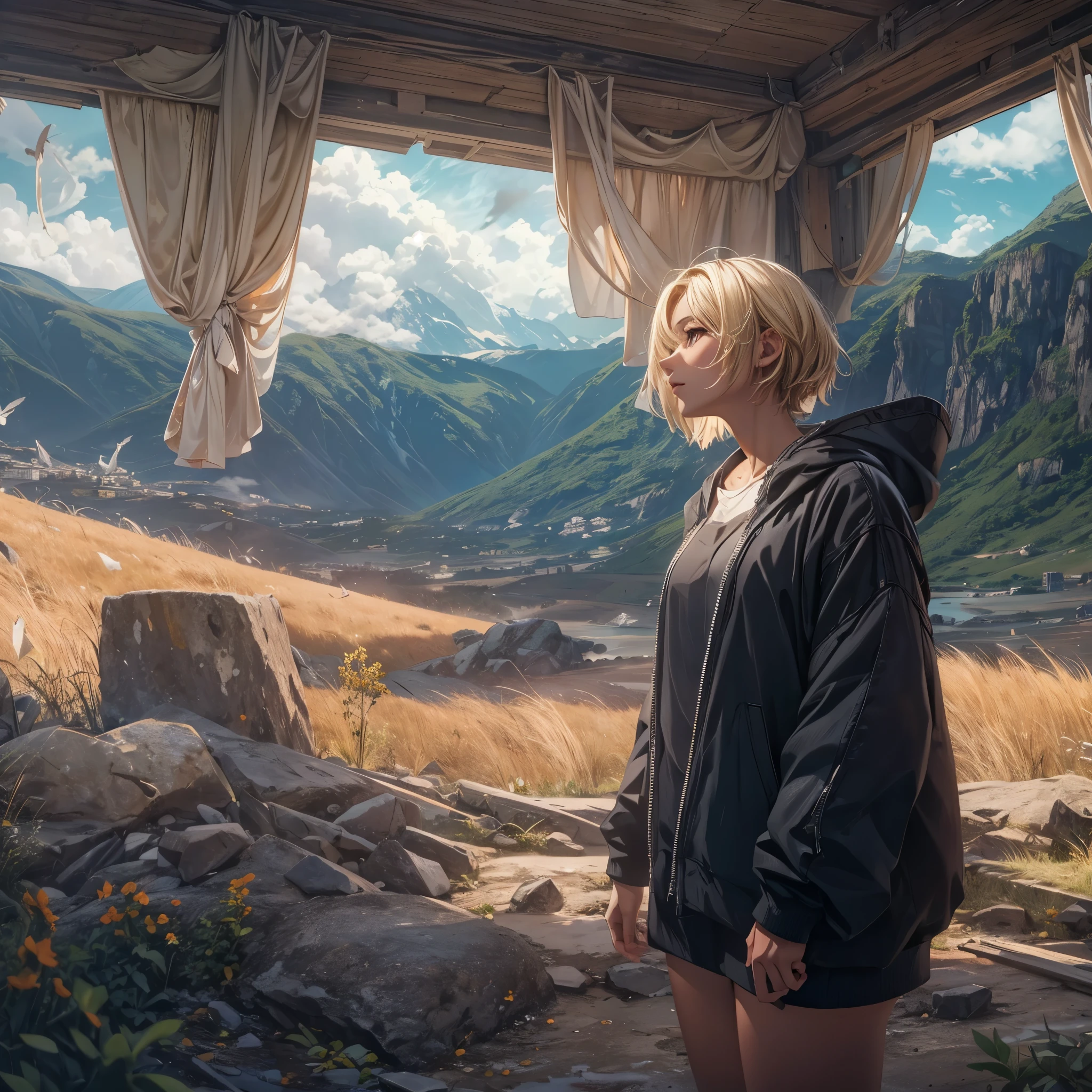 (best quality,4k,8k,highres,masterpiece:1.2),ultra-detailed,realistic,photorealistic:1.37, HDR,UHD,studio lighting,ultra-fine painting,physically-based rendering,extreme detail description,professional,vivid colors,bokeh,girl,lonely,((dark sky, giant glass land, ruined, vast grassland)),no one, blond short hair, girl in her twenties