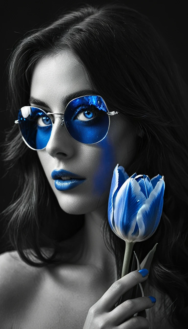 Photo noir et blanc et bleu profond, une femme aux yeux bleus sublimes, (longs cheveux aux reflets bleus électriques très détaillés), une peau impeccable, tir à moitié du corps, tenant une tulipe darkblue, intensité du regard captivant, style de photographie fantaisiste, capturé avec un appareil photo Arriflex 35BL utilisant des objectifs Canon K25, Cinématique, Éclairage dramatique, Extrêmement clair, masterpiece surréaliste à couper le souffle.
