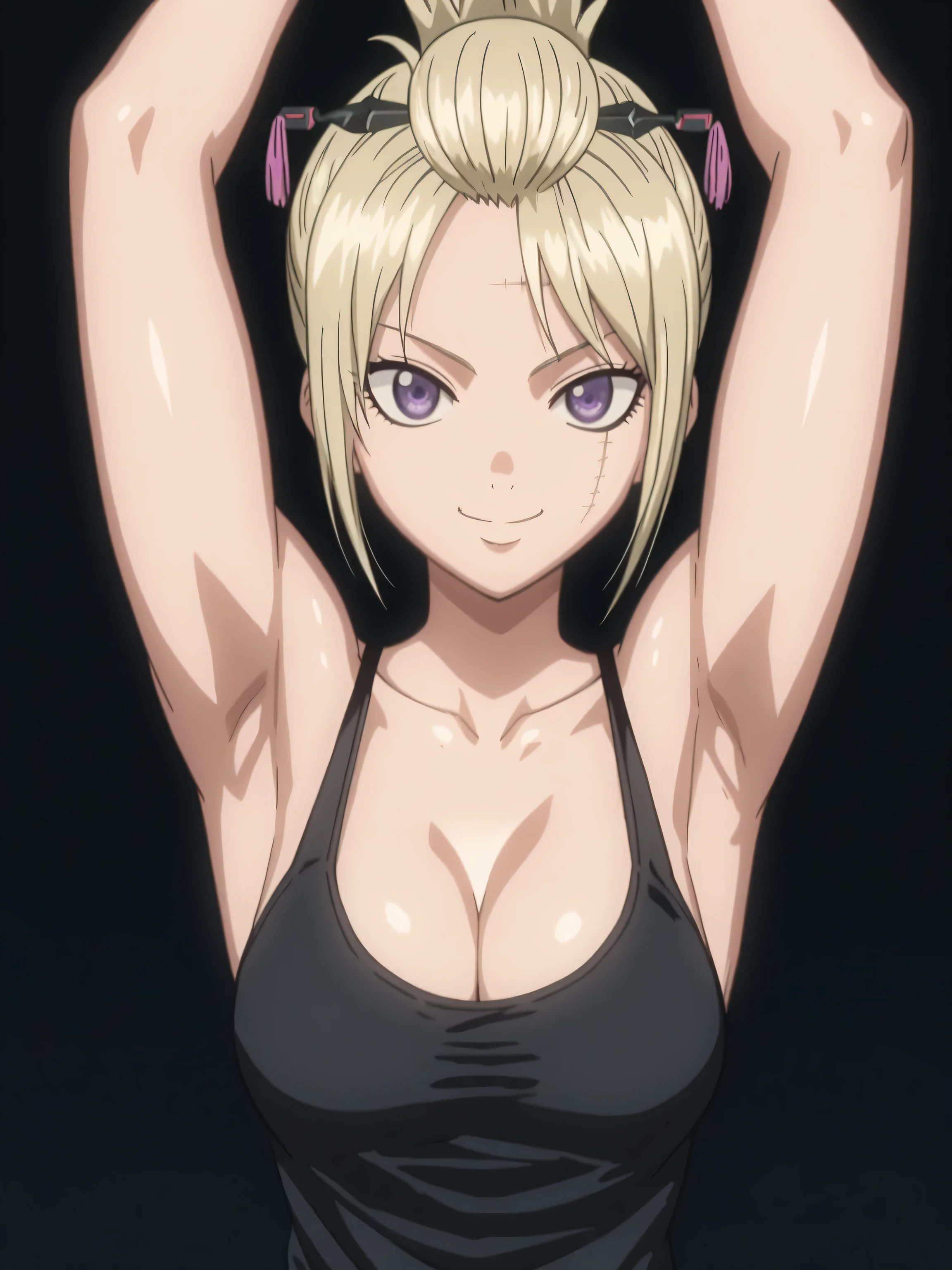 score_9, score_8_up, score_7_up, source_anime, Tsukuyo, blonde hair, folded ponytail, scar on face, purple eyes, collarbone, cleavage, tank top, black tank top, bare shoulders, 1girl, solo, anime screencap, frontlighting, simple background, black background, dark background, soft light, shiny skin, shiny hair, looking at viewer, eye contact with viewer, evil smile, closed mouth, arms up, raised arms, armpits, in the center, symmetrical, upright,