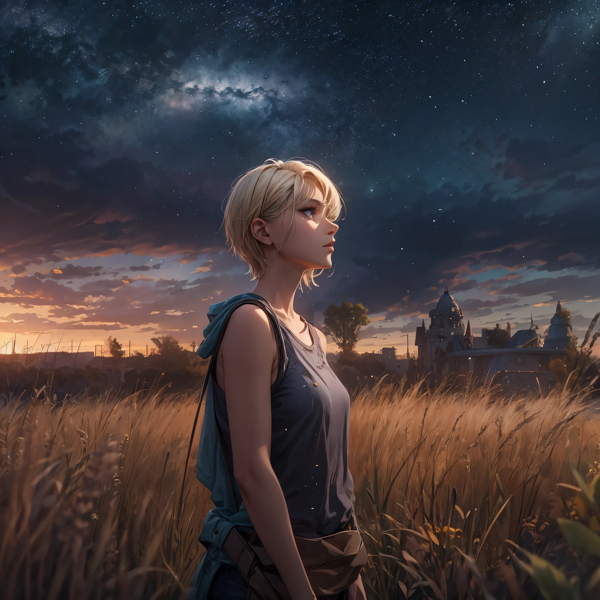 (best quality,4k,8k,highres,masterpiece:1.2),ultra-detailed,realistic,photorealistic:1.37, HDR,UHD,studio lighting,ultra-fine painting,physically-based rendering,extreme detail description,professional,vivid colors,bokeh,girl,lonely,((dark sky, giant glass land, ruined, vast grassland)),no one, blond short hair, girl in her twenties