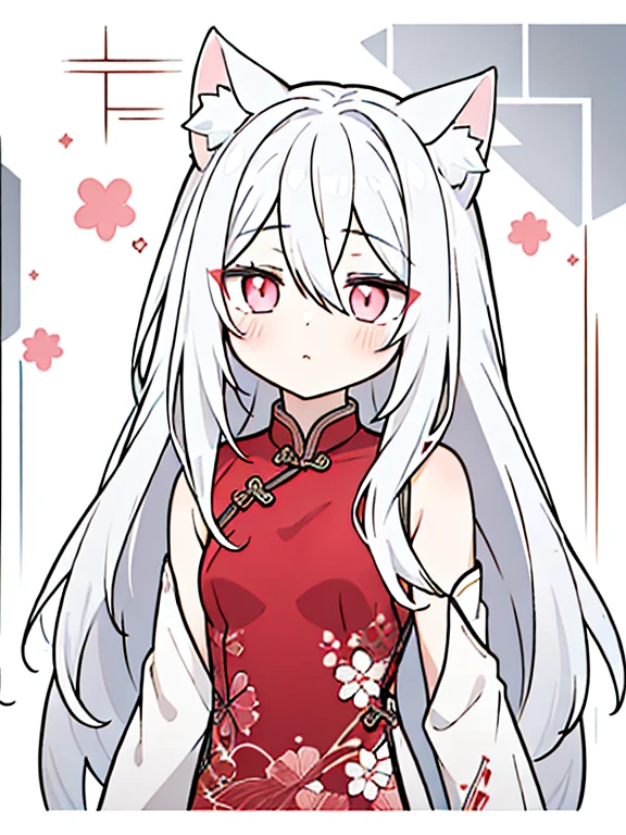 best quality, masterpiece, 1 girl, loli, upper body, hairs between eyes, female, pink eyes, long hair, small breasts, expressionless, Wink , cat ears, white hair, silver hair, streaked hair，   long bangs, cheongsam