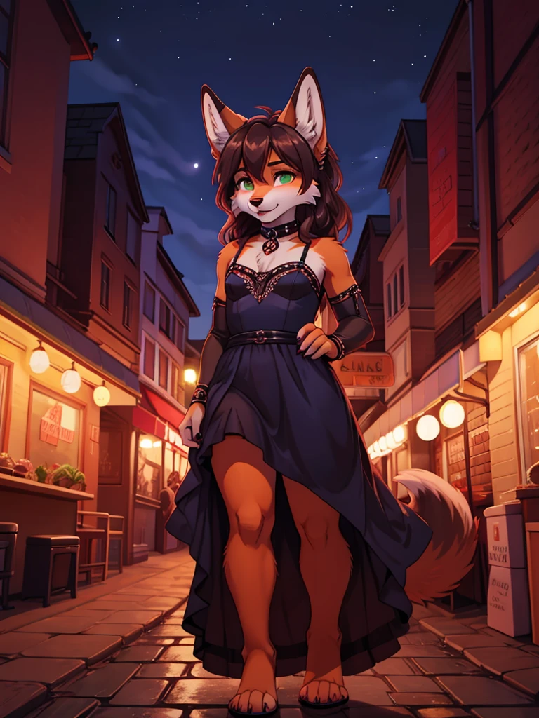 Best quality, furry male fox with green eyes, with brown long hair, with black spout, with red lipstick on lips, big lips, in a blue dress, crossdressing, shy, shows its charms, sexy pose, stands seductively against the backdrop of a night park 