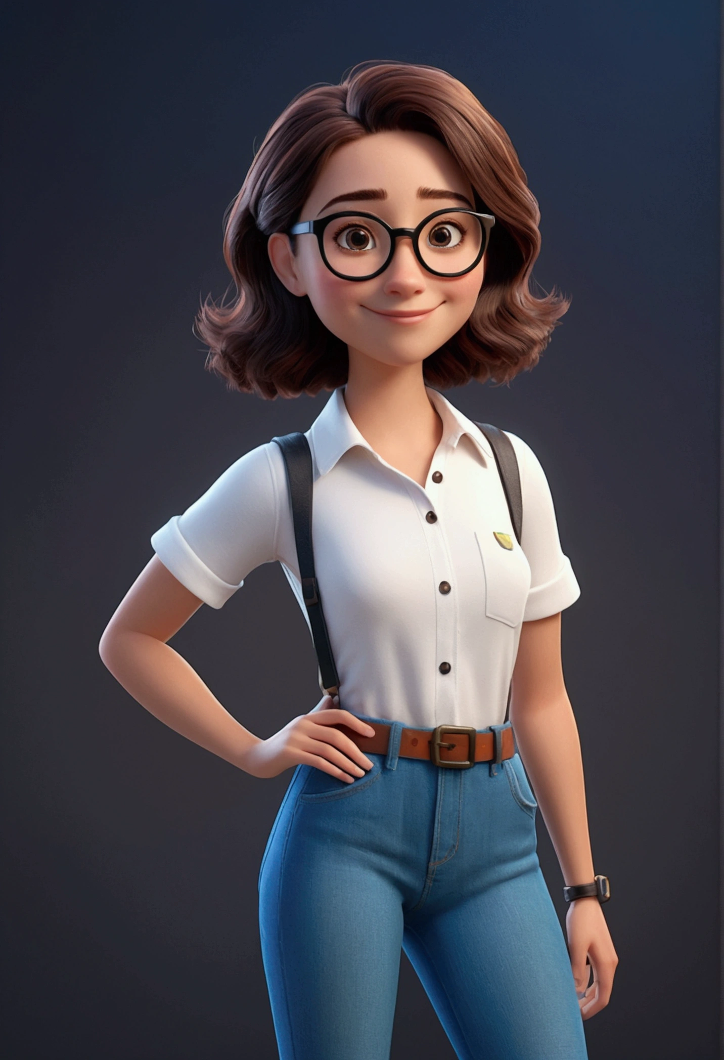 Cartoon character of a 22 year old young woman, fully body, with black round glasses and white shirt, she smiles at the camera, animation character, stylized character, animation style rendering, 3d stylized, Arnold Maya rendering, Stylized 3D rendering, toon render screenshot, 3d character, 3d character, Stylized 3D rendering, 3D character rendering, cartoon character, Personagem de close up, character posing, (Pixar-style) (master part:1.2) (bokeh) (best qualityer) (skin detailed) (detailed texture) (8k) (Argilla) (cinematic lighting) (sharp focus
