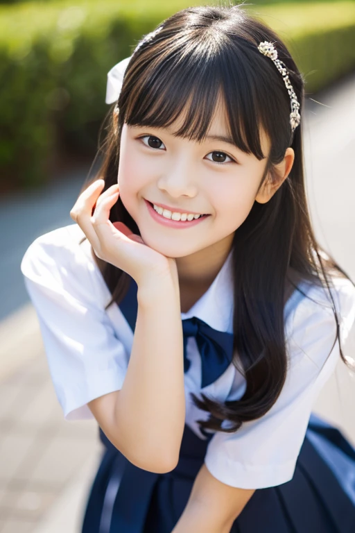 (((masterpiece))), (((Full body photo,Full-body display)))， (Beautiful Japanese Girl, Innocence，cute) ，Ultra-high resolution, Realistic, Ultra-detailed, 8k,Highest quality, Very detailed, Detailed Background,Slender,とてもBeautiful Japanese Girl, Detailed face:1.3), (Fluffy long hair,Black hair tied with a ribbon :1.4), (Baby Face，cute系,Adorable 12 year old girl), (Perfect body:1.1),，Cute Smile:、show me your beautiful teeth、非常にDetailed face、Detailed lips、Detailed eyes、 gravure idol，Clear Skin、Realistic:1.37，No makeup，Neutral lighting,(Highest quality, masterpiece), (One girl, school uniform,Navy blue dress,Neck ribbon,View your viewers, Mouth closed,),Pose to be pampered,In the classroom，Bright lighting