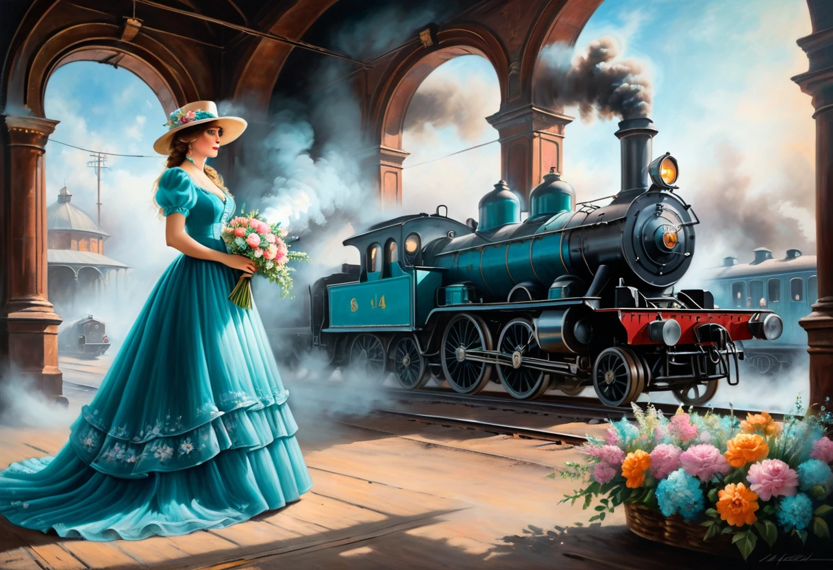 Pastel, dry chalk painting,
An old railway station scene with an elegant Anna Karenina in a turquoise Victorian dress and a hat decorated with flowers. She holds a bouquet of flowers and stands in front of an old steam locomotive emitting smoke. The station has large iron arches and a nostalgic atmosphere with light streaming through the windows, creating a dramatic and romantic atmosphere.