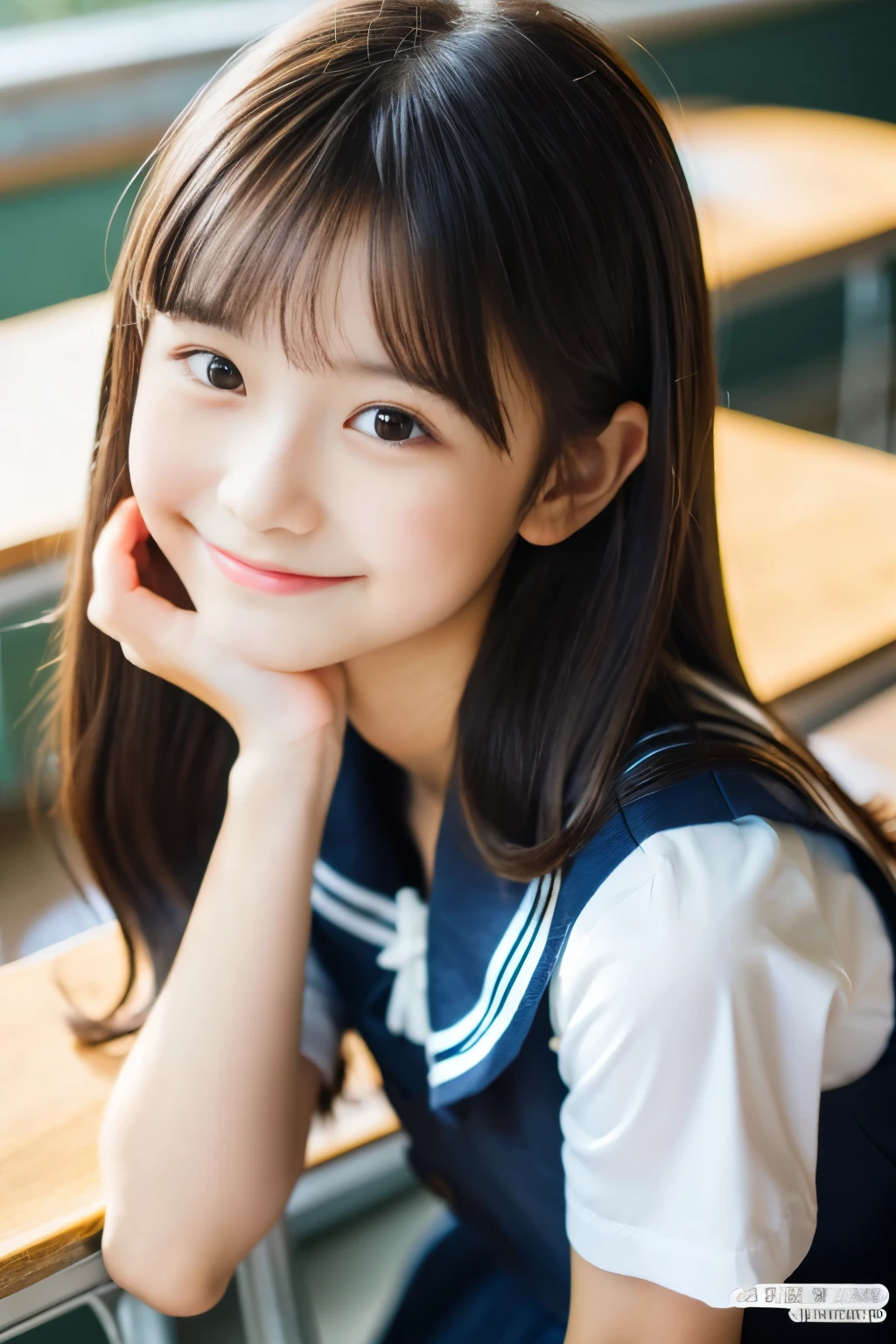 (((masterpiece))), (((Full body photo,Full-body display)))， (Beautiful Japanese Girl, Innocence，cute) ，Ultra-high resolution, Realistic, Ultra-detailed, 8k,Highest quality, Very detailed, Detailed Background,Slender,とてもBeautiful Japanese Girl, Detailed face:1.3), (Fluffy long hair,Black hair tied with a ribbon :1.4), (Baby Face，cute系,Adorable 12 year old girl), (Perfect body:1.1),，Cute Smile:、show me your beautiful teeth、非常にDetailed face、Detailed lips、Detailed eyes、 gravure idol，Clear Skin、Realistic:1.37，No makeup，Neutral lighting,(Highest quality, masterpiece), (One girl, school uniform,Navy blue dress,Neck ribbon,View your viewers, Mouth closed,),Pose to be pampered,In the classroom，Bright lighting