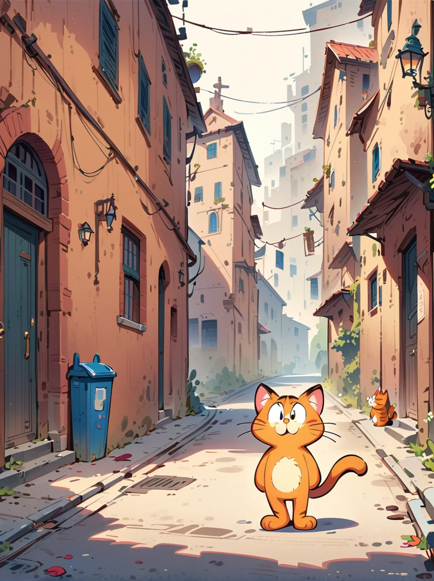 masterpiece, best quality, highres, concept art, art by Richard Scarry, a children's book illustration, Garfield cat, standing in street, solo, warm lighting, cozy atmosphere, vibrant colors, cinematic composition