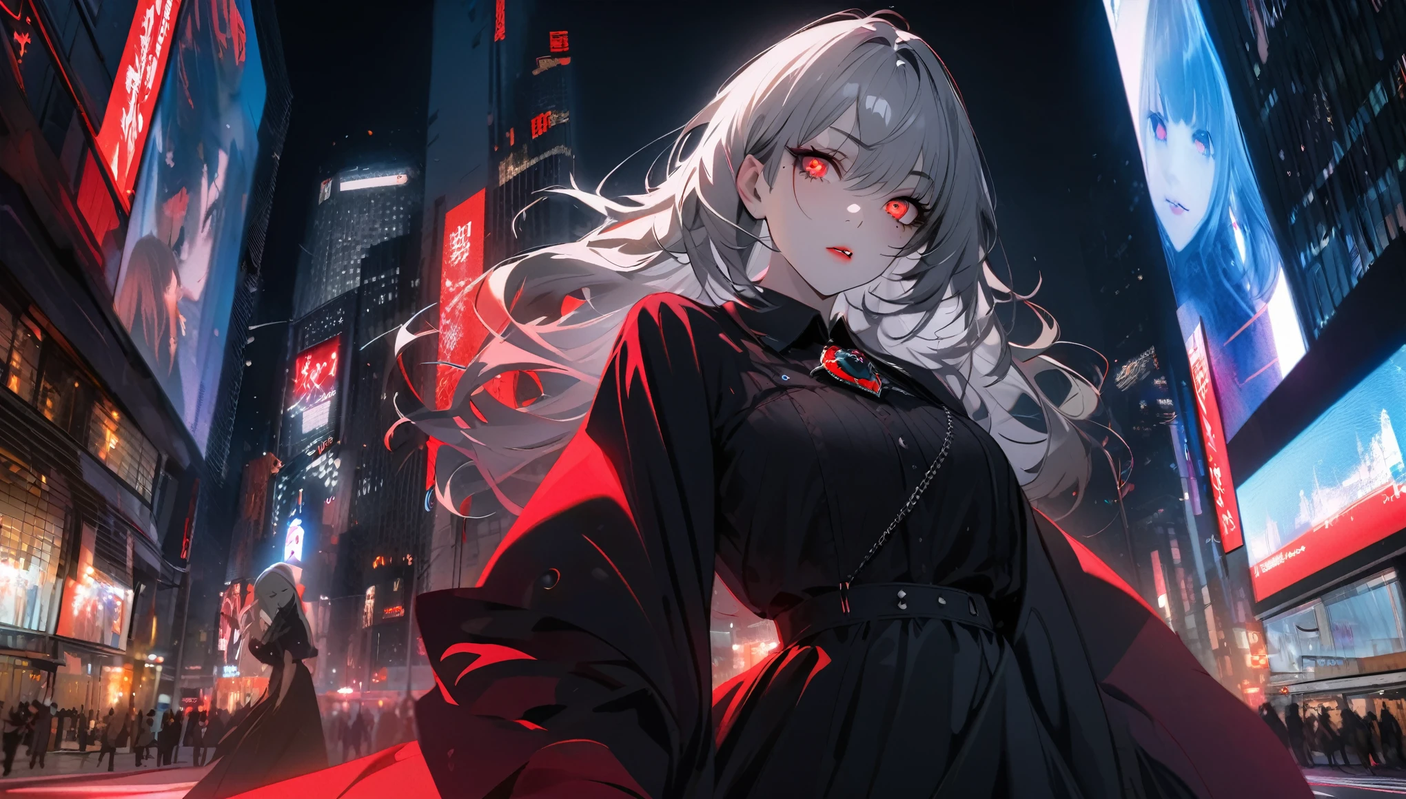 Modern city, night street, girl and her shadow, shadow is the demon in the girl's mind, tense lens, body of the photo is big city background, bright and fresh photo, beautiful abstract big city and teenage girl character in it. Gray hair color, red glowing eyes, long hairstyle, mole under left eye, black rose brooch, surreal background, seductive style, dancing with silhouette partner