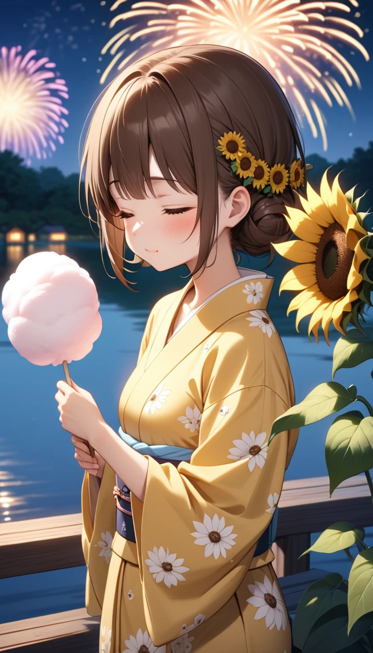 standing in front of a lake with fireworks, Brown bob hair、A cute character wearing a yellow yukata with a brown obi。She has a sunflower in her hair、Blushing cheeks and closed eyes。The character is holding a large piece of cotton candy。Light up your face in a dimly lit atmosphere。Emotional atmosphere。