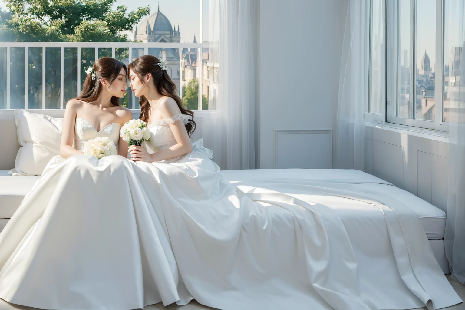 (masterpiece, highest quality, official art, beauty and aesthetics:1.5), perfect anatomy, two stunning brides are deeply in love with each other, both lying on a large white satin bed, kiss, Romantic atmosphere, flower and moon, magnificent panoramic view on a large terrace