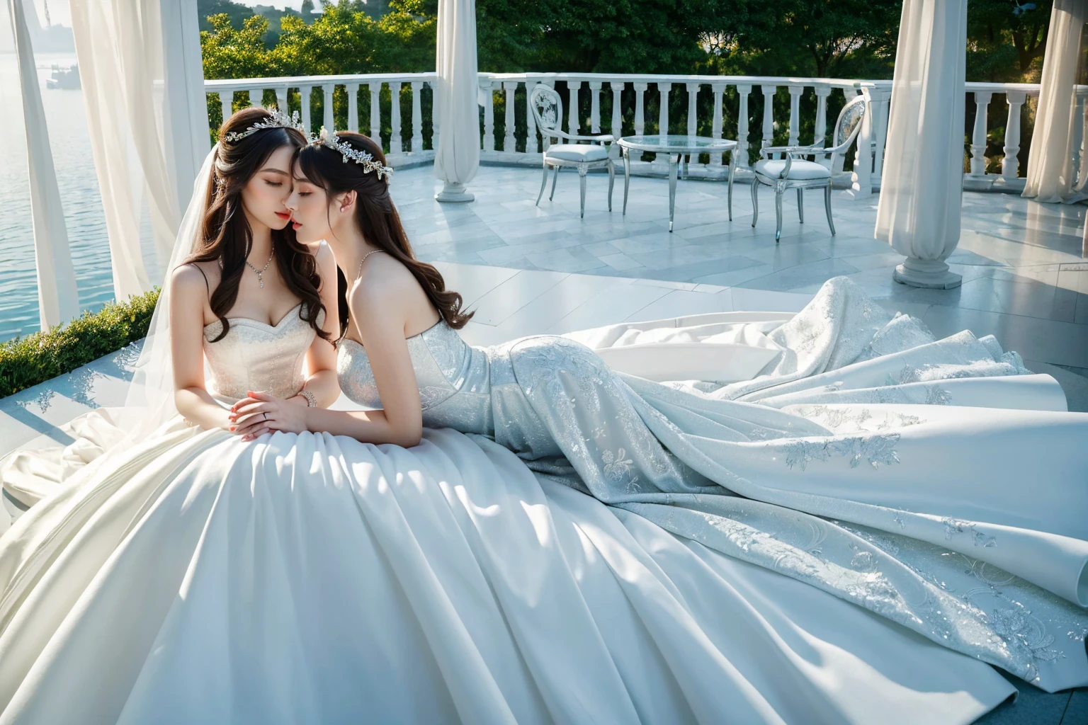(masterpiece, highest quality, official art, beauty and aesthetic:1.5), perfect anatomy, two stunning bride is deeply in love with each other, kiss, romantic atmosphere, flower and moon, magnificent panorama view