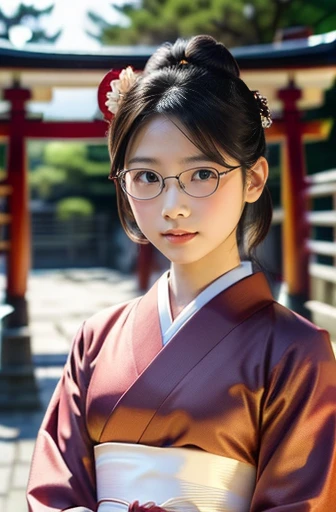 (8k, RAW photo, best quality, masterpiece), (photo realistic), outstanding details, ultra-high resolution, anatomically correct, textured skin, (Extremely precise and accurate anatomy),
Ultra Detailed Face, Detailed Eyes, 

A cute 35 year old Japanese girl,

(( Medium shot:1.4)), (looking at viewer:1.4), 
(faint smile),  (Mouth slightly open:0.1),
((low chignon hair:1.4)), (Small nose:1.2) , (small mouth:1.2), 
(Ultra Detailed Rimless small glasses:1.2),  pupils sparkling,  thin lips, thin eyebrows, thin arched eyebrows, 
dark brown hair, Forehead, 

outdoor, 
(furisode kimono), 
(standing in front of the torii gate facing forward), simple pose, 
(beautiful obi), (first visit to the shrine), (vermilion torii gate) , (Japanese floral pattern: 1.0), (Japanese traditional classical pattern: 1.2), Japanese hairpin, 
consecutive torii gates, shrine with many torii gates,

(background A simple and wide white room), 
morning sun, (backlighting), 
reflection light from below, 
atmospheric perspective, depth of field, 
(dramatic lighting), cinematic lighting, 
