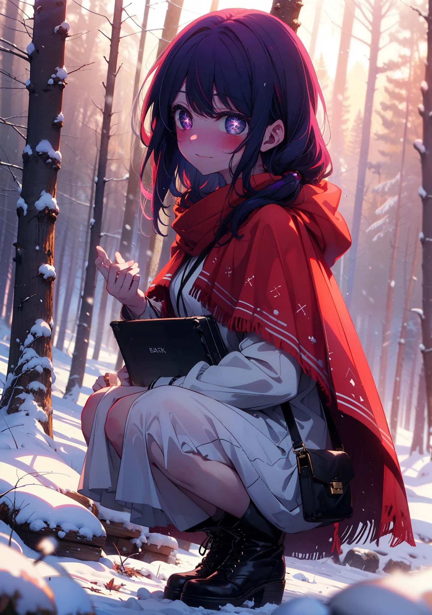 aihoshino, Ai Hoshino, Long Hair, bangs, (Purple eyes:1.1), Purple Hair, (Symbol-shaped pupil:1.5), smile,,smile,blush,white breath,
Open your mouth,snow,Ground bonfire, Outdoor, boots, snowing, From the side, wood, suitcase, Cape, Blurred, , forest, White handbag, nature, Squat, Mouth closed, Cape, winter, Written boundary depth, Black shoes, red Cape break looking at viewer, Upper Body, whole body, break Outdoor, forest, nature, break (masterpiece:1.2), Highest quality, High resolution, unity 8k wallpaper, (shape:0.8), (Beautiful and beautiful eyes:1.6), Highly detailed face, Perfect lighting, Highly detailed CG, (Perfect hands, Perfect Anatomy),
