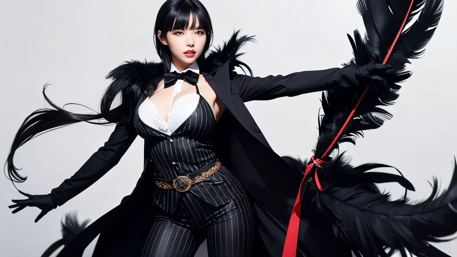beauty、He is wearing a white striped dress shirt and a black vest..、Wearing a flashy black feather coat、Big Breasts、Wear tight black pants、He has two red belt holders on his waist..、Wearing flashy sleeves and gloves、Wearing a black tie、White Background