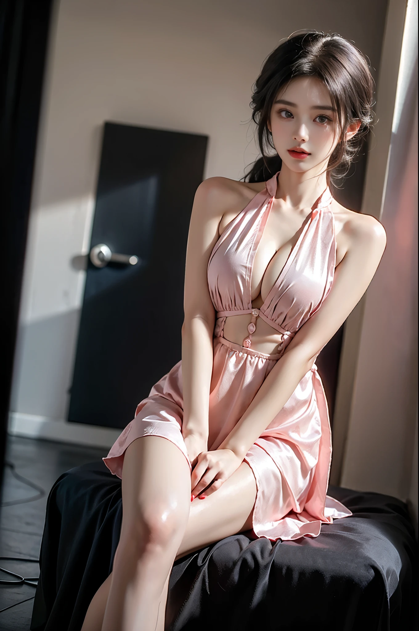 cleavage,pink dress,underwear,bare shoulders ((1 girl, Elegant posture)), Natural leg proportions, Visible cleavage, masterpiece, (best quality, 4K, 8K, high resolution, masterpiece:1.2), Extremely detailed, (Practical, photoPractical, photo-Practical:1.37), Official Art, CG, Anatomically correct, Random Scenes, Random shooting angle, Movie, photography, Intricate background, Soft lighting, Subtle shadows, Vibrant colors, Expressive eyes, Beautiful, high class boutique, Ambience, A moment of honesty, Natural expression, Detailed texture, Fine details, Refined and elegant, Exquisite style, Artistic Composition, Beautifully presented.