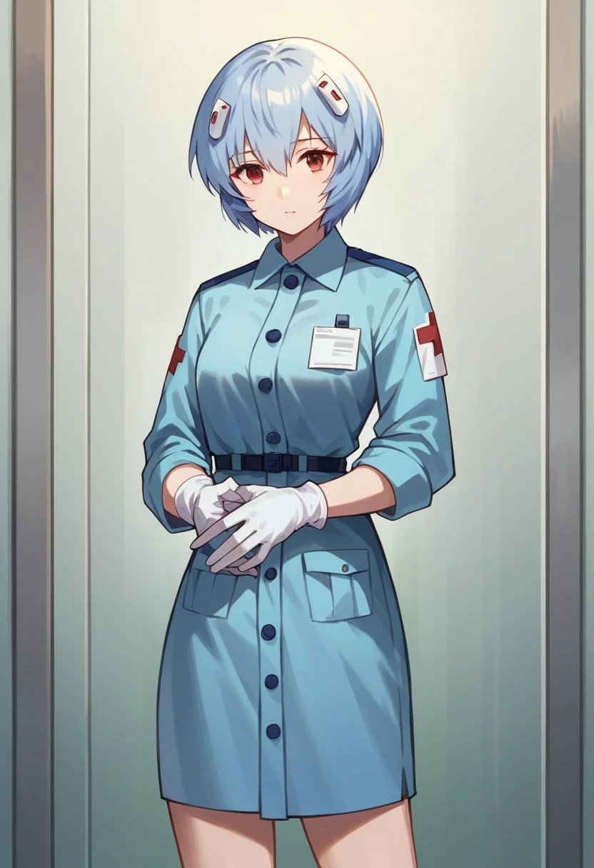 1girl, rei ayanami, ((blue medical gloves)), (paramedic uniform), ((long sleeves)), looking at viewer, standing, solo