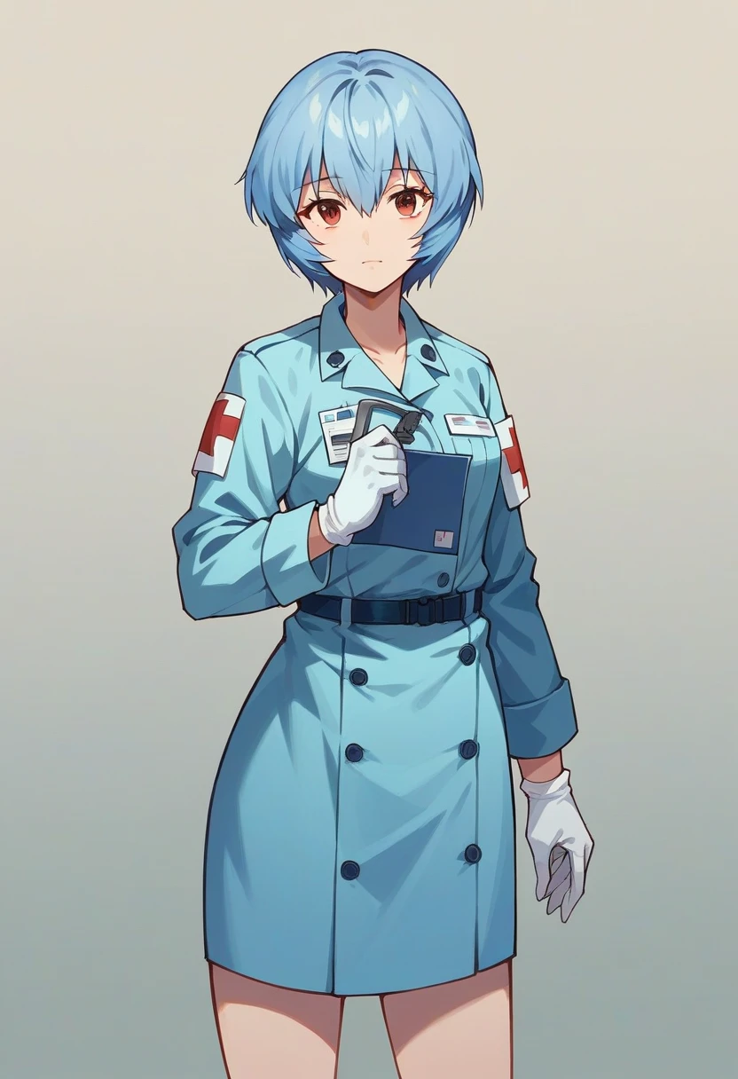 1girl, rei ayanami, ((blue medical gloves)), (paramedic uniform), ((long sleeves)), looking at viewer, standing, solo