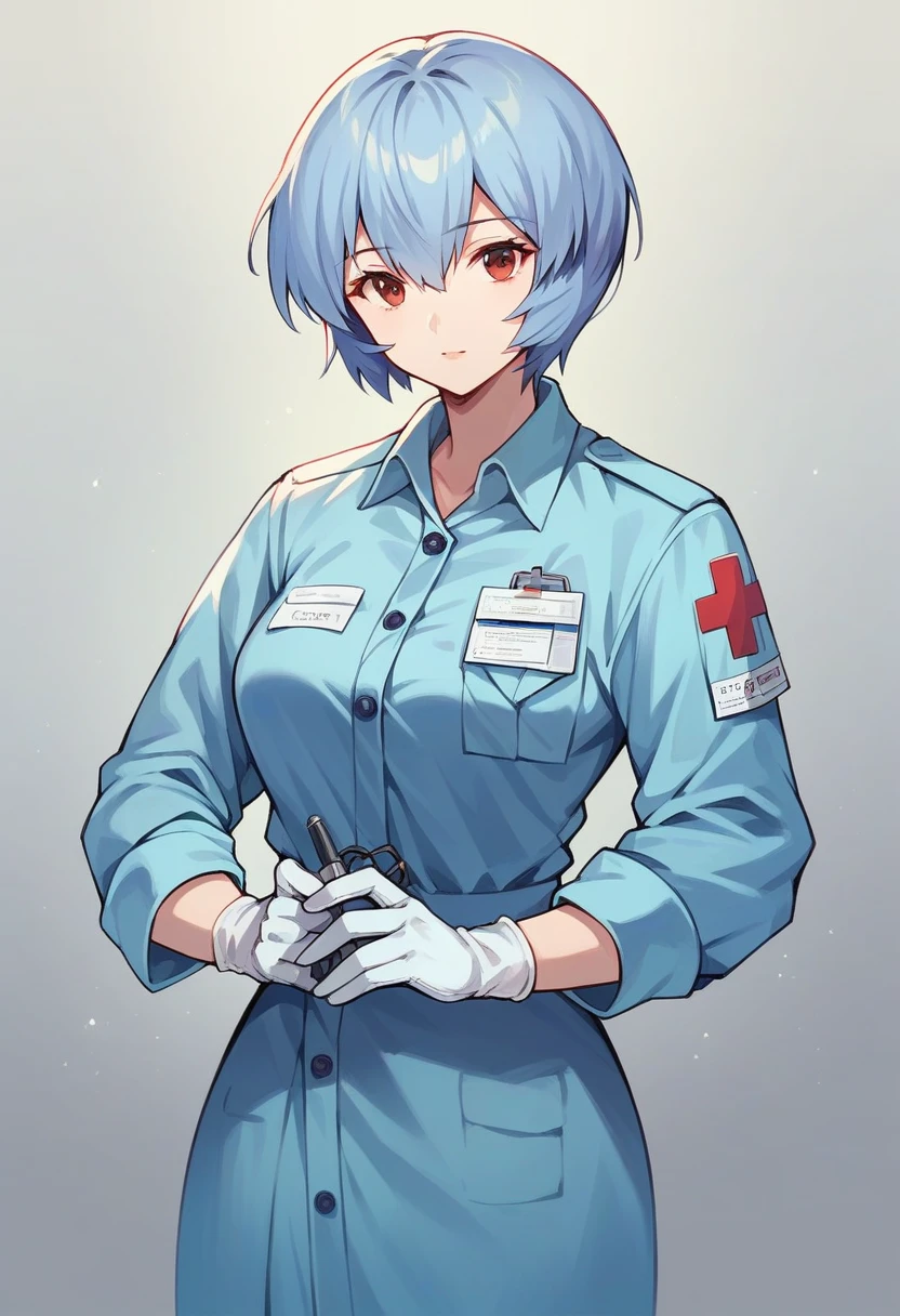 1girl, rei ayanami, ((blue medical gloves)), (paramedic uniform), ((long sleeves)), looking at viewer, standing, solo