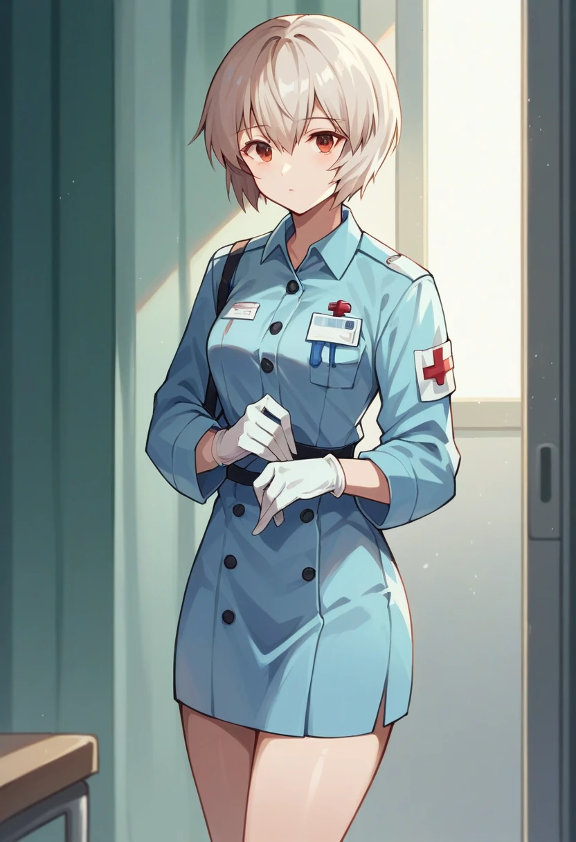 1girl, rei ayanami, ((blue medical gloves)), (paramedic uniform), ((long sleeves)), looking at viewer, standing, solo

