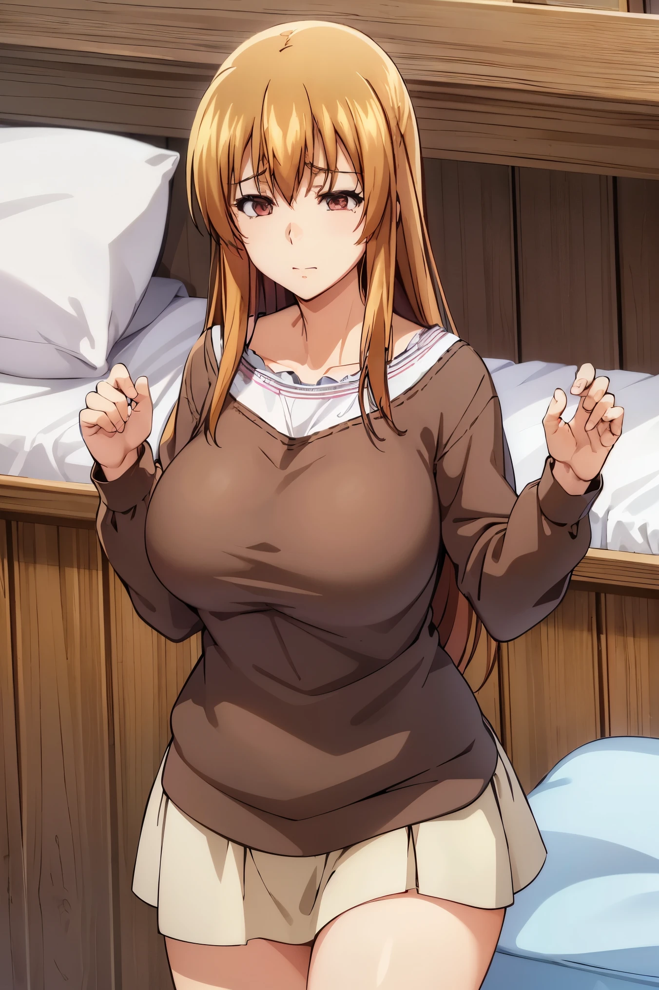 Huge , Busty, best quality, (masterpiece:1.2), highly detailed, brown t-shirt, hands up, 1girl, kotegawa nanaka, sleeping, sleep, closed eyes, lying arround bed, bedroom, bed, pillow, light smile, brown eyes, long hair, indoor, room, close up, short skirt , cleavage
