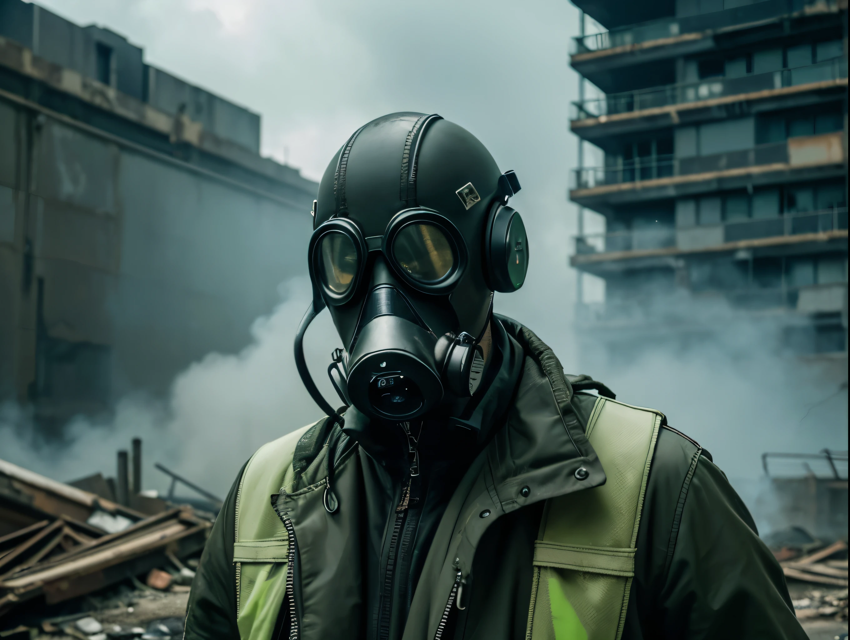 chlorine gas, poisonous, chemical, green, toxic, dangerous, hazardous, environmental disaster, industrial accident, post-apocalyptic, decaying, abandoned, crumbling, gas mask, breathing apparatus, radiation suit, post-war, dystopian, gritty, moody, cinematic, dark, dramatic lighting, eerie, unsettling, hyperdetailed, 8k, photorealistic