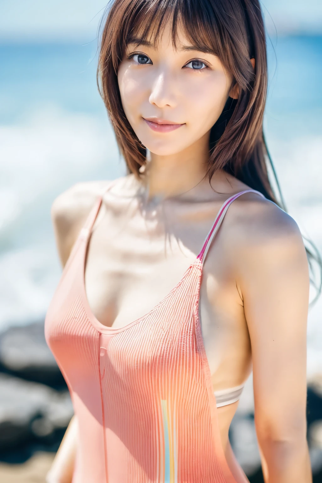 8k, highest quality, masterpiece, super high resolution, (realistic:1.4), RAW Photos, (Film Grain:1.3), One Girl, portrait of a skinny Japanese woman, 30 years old, standing on the beach, a cute face, detailed face, detailed eyes, {short|long} hair, correct body anatomy, wearing a colorful swimsuit, photogravure