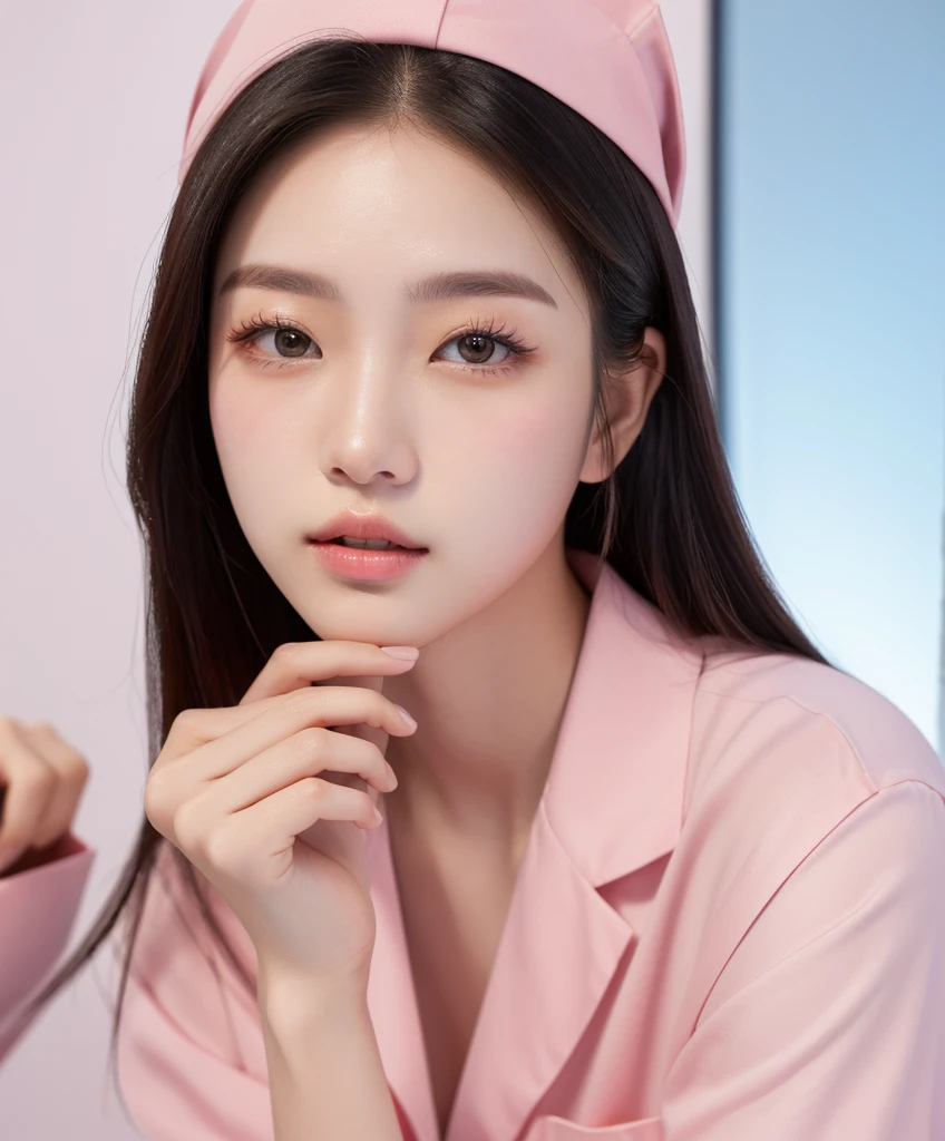 arafed woman in pink shirt holding a sydel in her hand, kawaii realistic portrait, wan adorable korean face, realistic. cheng yi, young adorable korean face, korean girl, inspired by Sim Sa-jeong, soft portrait shot 8 k, inspired by Yanjun Cheng, portrait jisoo blackpink, beautiful south korean woman, artwork in the style of guweiz,Put on your nurse shoes,White thighs are exposed