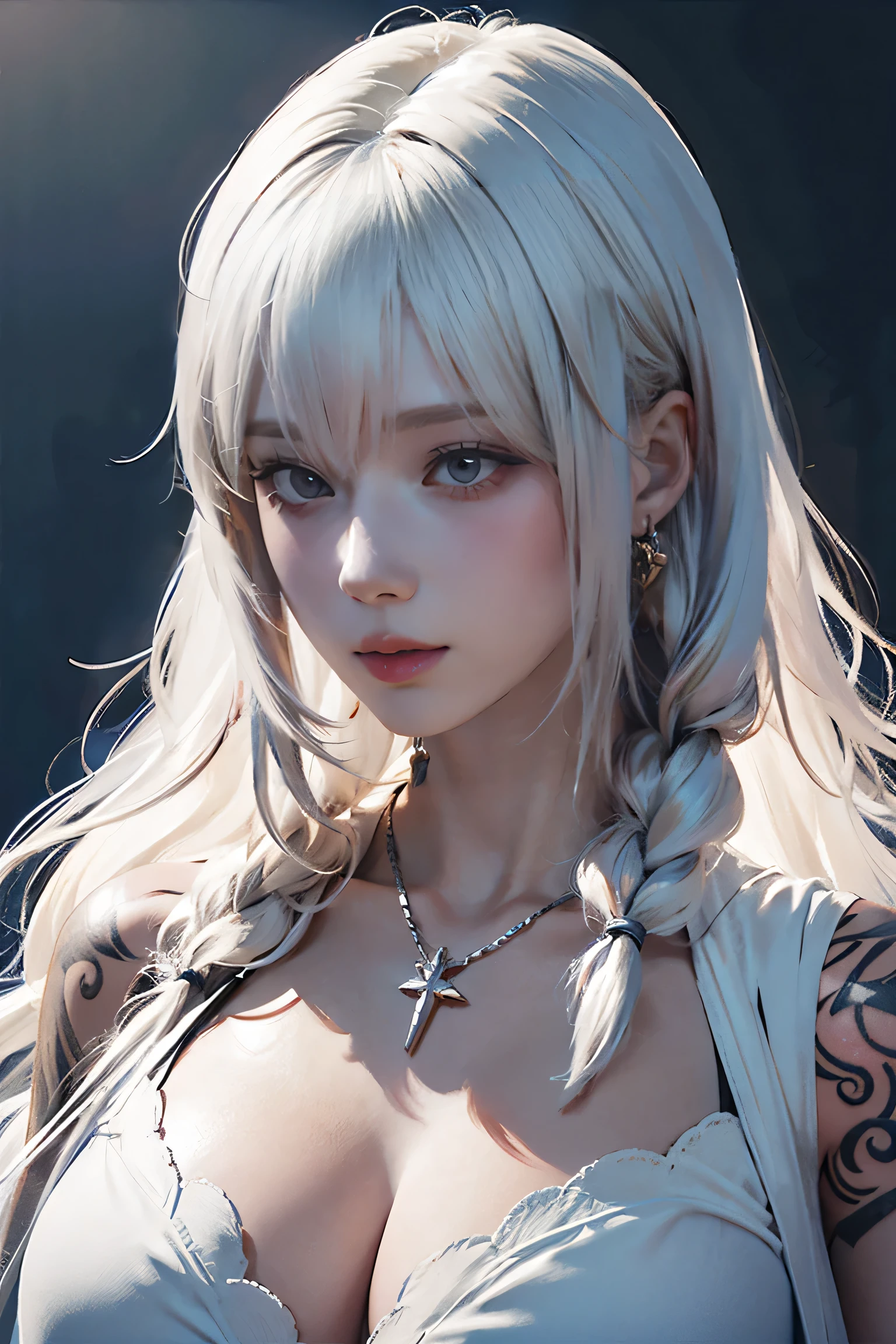 ((Close-up of a woman with tattoos on her chest)), girl, ((long white hair with bangs,, Black strands of hair)), Purple eyes, White T-shirt and white cape, Pendant around the neck. 超High resolution.Realistic. 超High resolution.Realistic:1.4,超High resolution. Realistic,High resolutionで, masterpiece, Highest quality, Very detailed, Better Shadows, Volumetric lighting), super high quality, High resolution, 8k, Ultra-Realistic Portraits , Realistic, Dynamic Lighting, Volumetric lighting, Very detailed顔,(Browsing Caution:1.0),Large Breasts