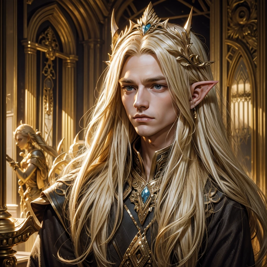 Blonde Hair, Long Hair, Showing his forehead, Similar to Elf, Elven headdress on head, One handsome man, Late 20s, The ear is a human ear, Facing forward
