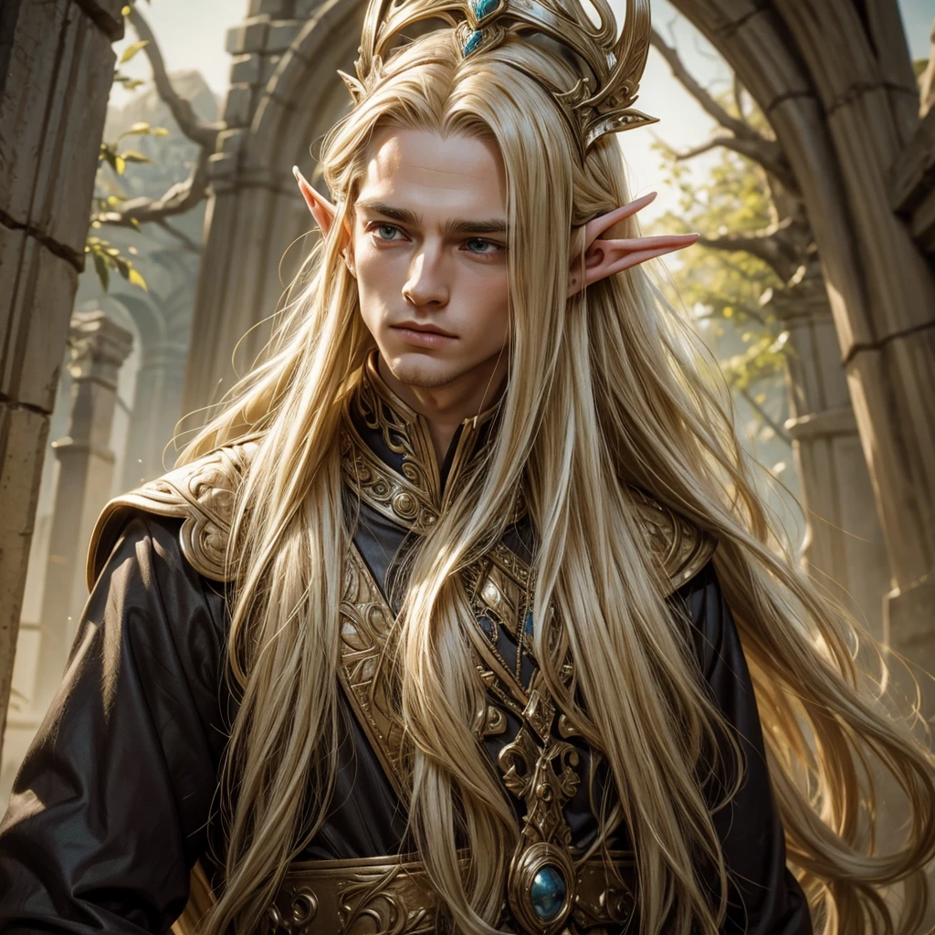 Blonde Hair, Long Hair, Showing his forehead, Similar to Elf, Elven headdress on head, One handsome man, Late 20s, The ear is a human ear, Facing forward
