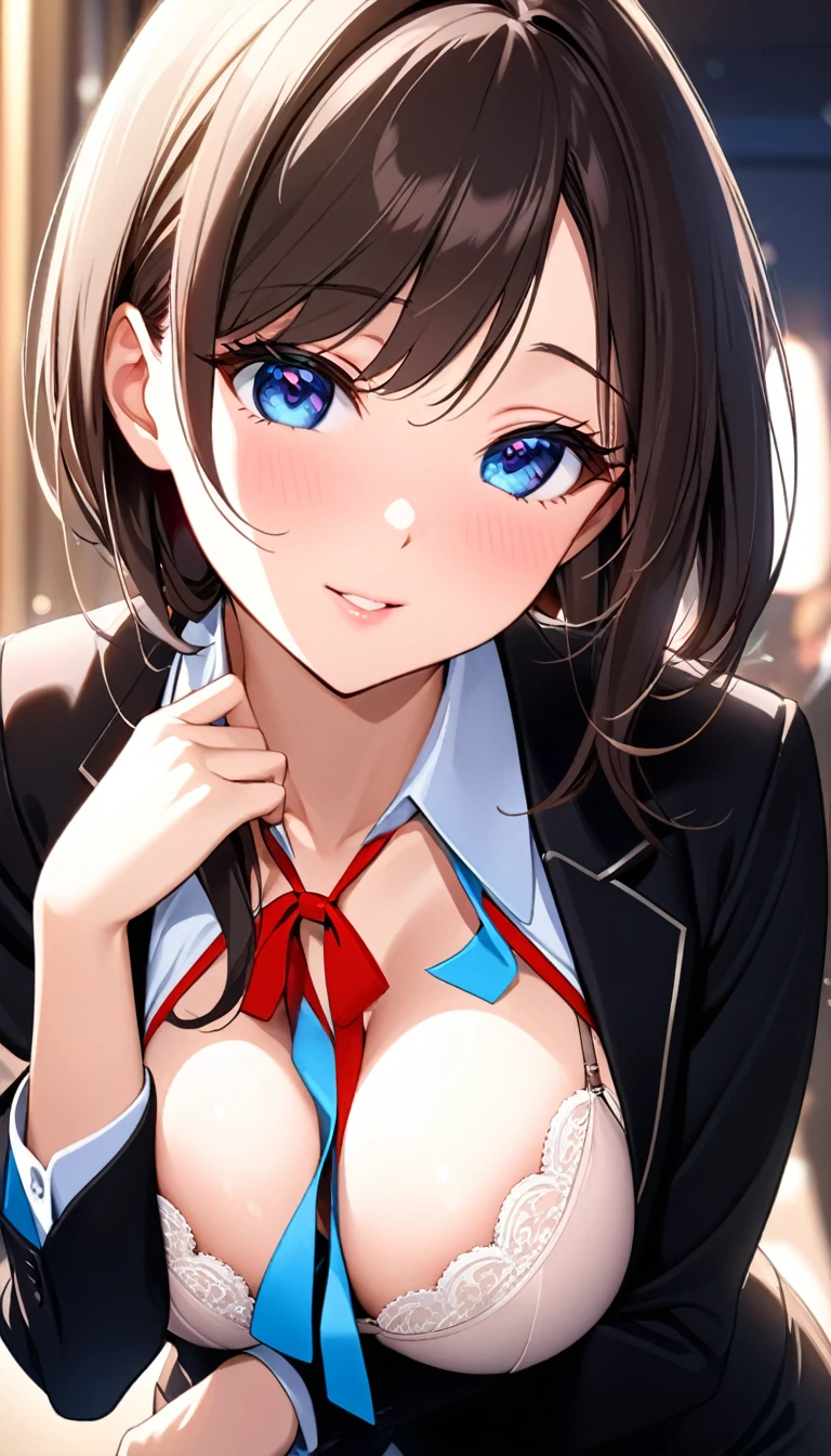 Tazune_rirei, nsfw, Masterpiece, best quality, 8k, ultra-detailed, aqua eyes, black hair, two braid hairs, school uniform, middle chest, glimpse nipple, pink areola, pov, ((close up face)), (fellatio:1.4), (oral:1.4), veiny penis, looking at viewer, blush, embarrassed