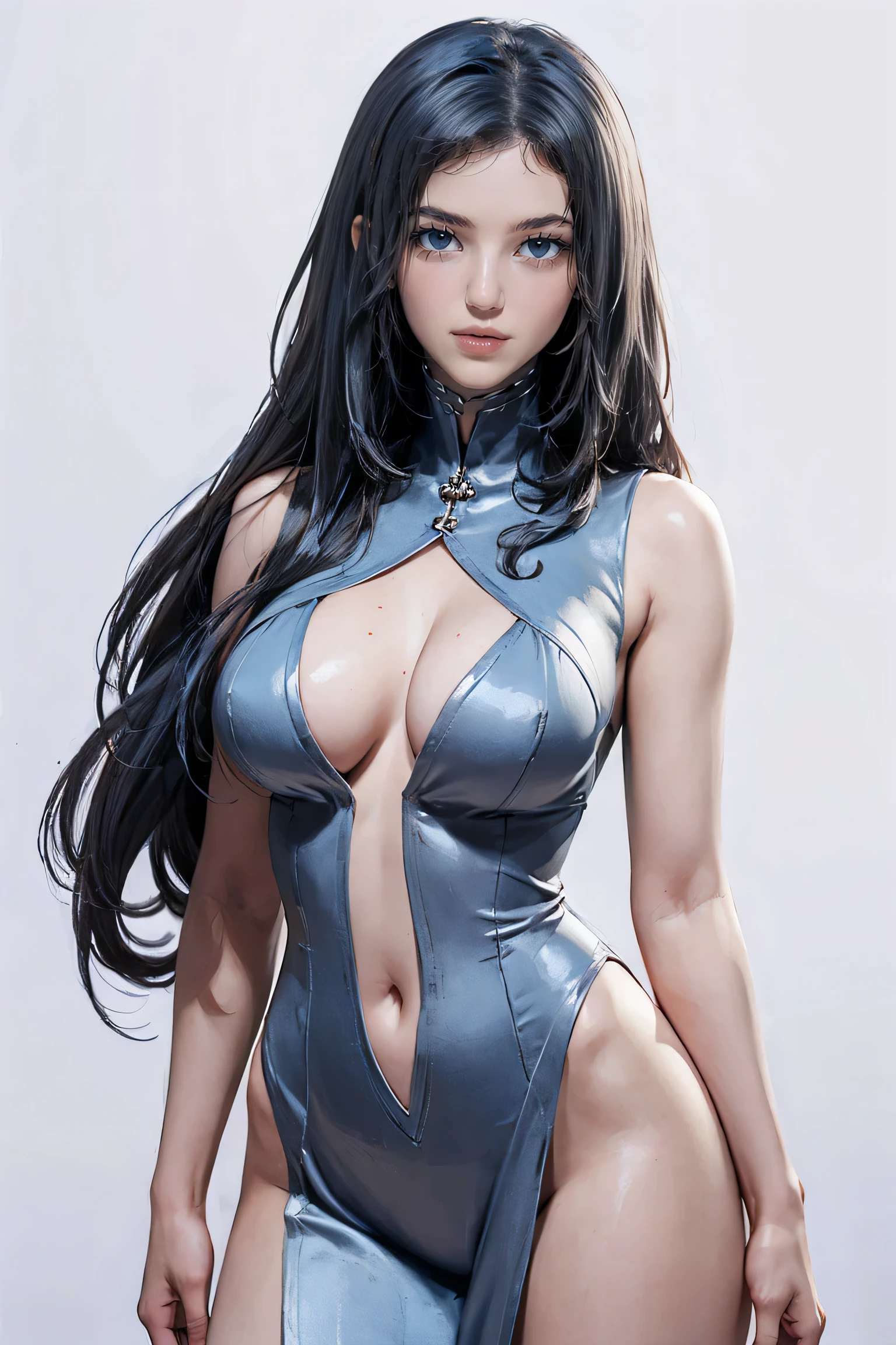 Masters of Animation, A perfect masterpiece, On a snow-white background、Cool outfits, Sexy and modern clothing、Sexy mature modern woman standing, Flowing blue hair, Spanish Curly Hair, Full Body Stand Posture, Thin legs, ((Large Breasts)), Detailed facial details, Natural and beautiful standing posture, Crisp and realistic body detail,(NSFW:0.6)