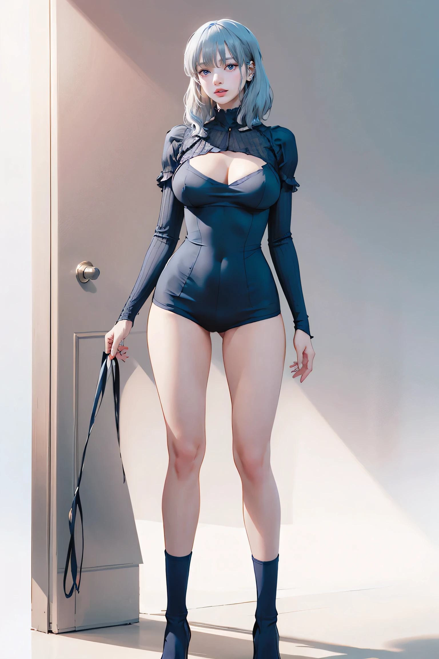 Masters of Animation, A perfect masterpiece, On a snow-white background、Cool outfits, Sexy and modern clothing、Sexy mature modern woman standing, Flowing blue hair, Spanish Curly Hair, Full Body Stand Posture, Thin legs, ((Large Breasts)), Detailed facial details, Natural and beautiful standing posture, Crisp and realistic body detail,(NSFW:0.9)