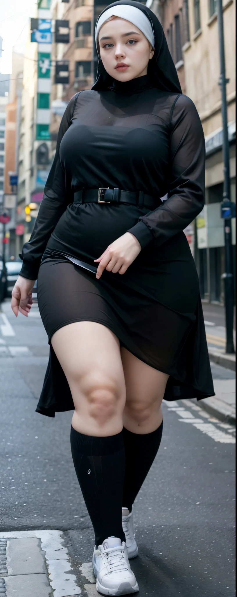 Milky white skin woman in black dress and hijab walking down the street, , hijab outfit, , hijab fashion model, plus size, plus size woman, , woman in black robes, beautiful woman, thicc, black outfit,, bbwchan , white sneakers , Height 170 cm, beautiful woman, with a beautiful appearance, a very beautiful masterpiece, a masterpiece of art, good lighting, Bright colors, Clean lines