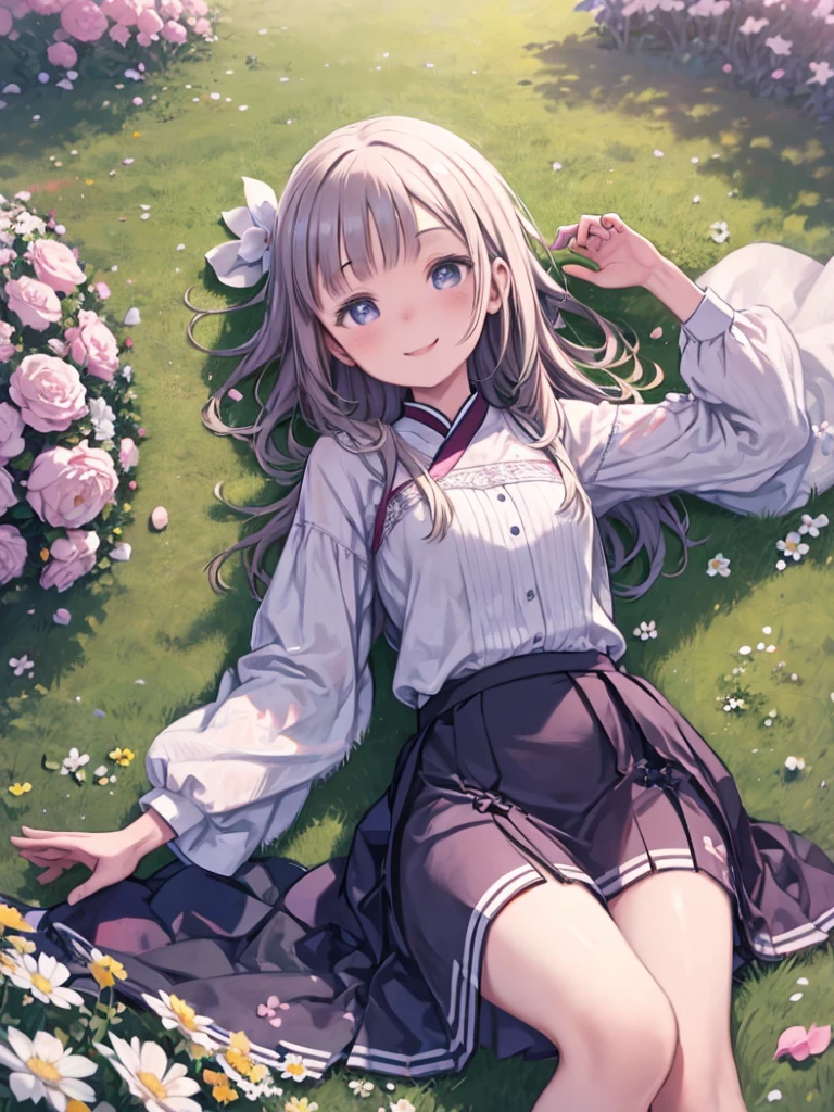 One Girl、Angle from above、Lying in a flower field、Surrounded by many flowers、Flower beds、Smiling、