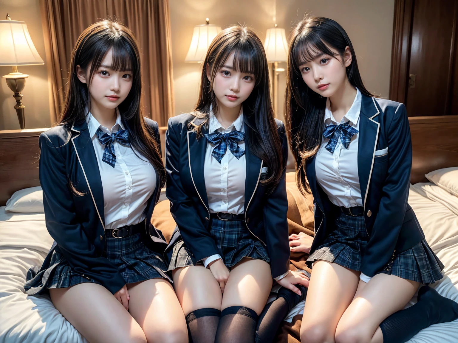 (8K, Raw photography, top-quality, masterpiece:1.2), master piece, best quality, illustration, Super detailed, fine details, High resolution, 8K,wall paper, perfect dynamic composition,(Details High quality, realistic depiction of eyes:1.3), ((2 girls, 2 schoolgirls)), The background is a luxury hotel room、High school girl uniform、blazer 、Super Short Check Uniform Skirt、Navy blue high socks、garterbelts、Colossal tits、Disturbed uniform, Play with each other,Touching each other's bodies,Touching the body of the girl next door, short bob hair, black hair color, huge breasts, Big Natural Color Lip, bold sexy pose, (perfect body shape), crying a little、cold gaze, Beautiful makeup,glitter makeup,Cutest 18 years old, beautiful legs, hposing Gravure Idol, Voluptuous thighs