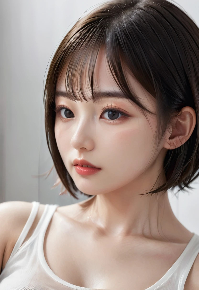 photorealistic, Photography ,BREAK woman taking a (selfie:1.8) , (short hair), (T-shirts), on the bed in simple bedroom , white background, BREAK, 8k , LAW , best-quality, masterpiece, hyper realistic detail shiny skin , natural shading , realistic shadow, BREAK (hyper realistic detail shiny skin, detailed skin, detailed hair, ultra sharpness, intricate details), perfect anatomy