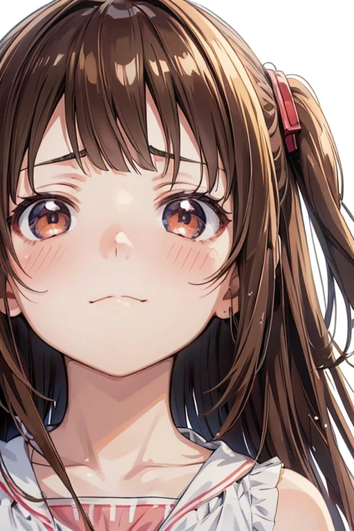 Simple Background,(anime:1.3),Detailed face,Detailed explanation,1girl,close up face,Brown hair,Two Side Up,(faint smile:1.3),Detailed hair,(Sidelong and Upward glance:1.2),(loli)