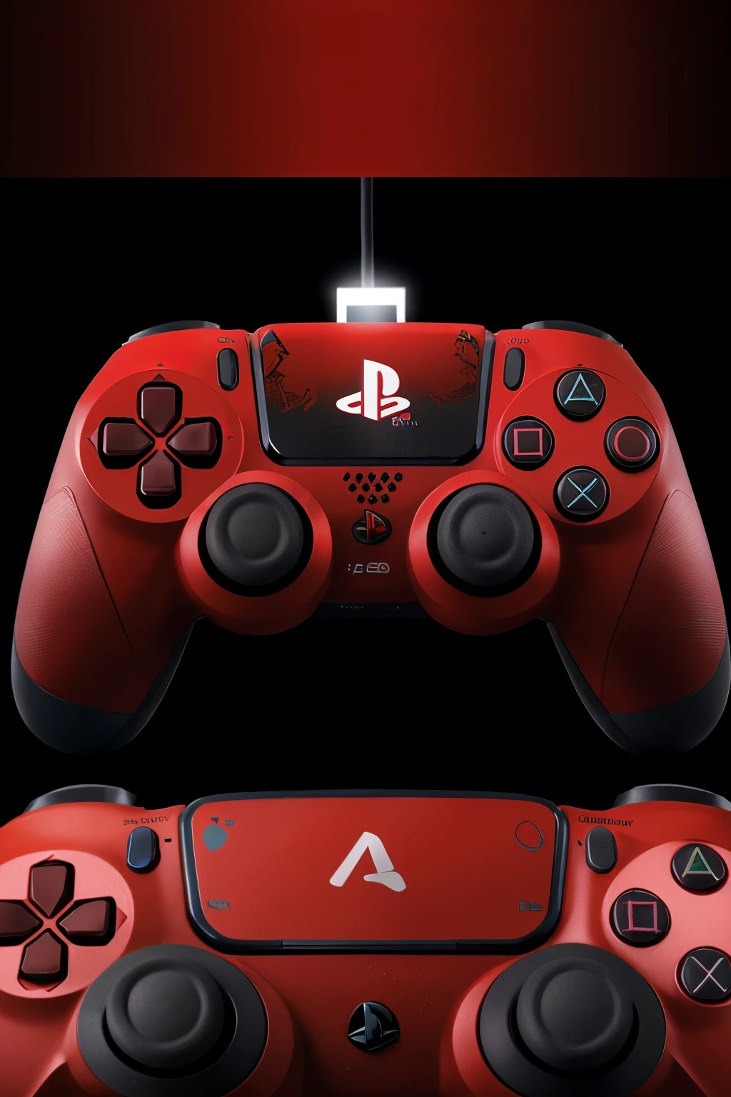 a detailed image of a red Deadpool PlayStation 5 controller with a black handle, concept art, conceptual art, 8 k highly detailed, red colored, crimson themed, red and cinematic lighting, high-tech red armor, controllers, dominating red color, red color theme